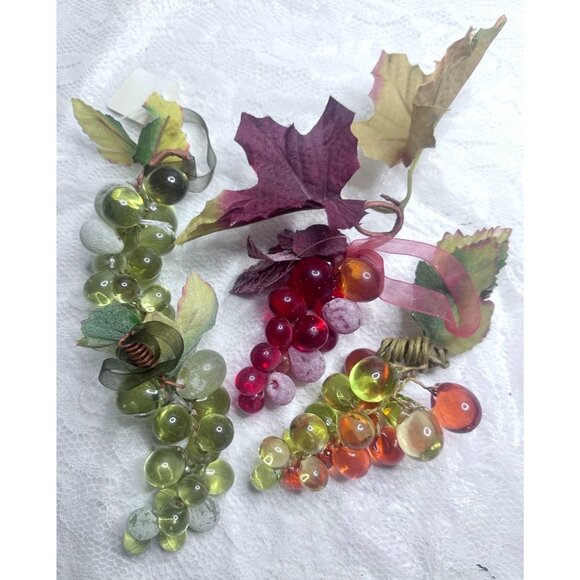Grape Lucite Acrylic Clusters Sugar MCM Ribbon Leave Accents Decor Set of 5 - Picture 3 of 16